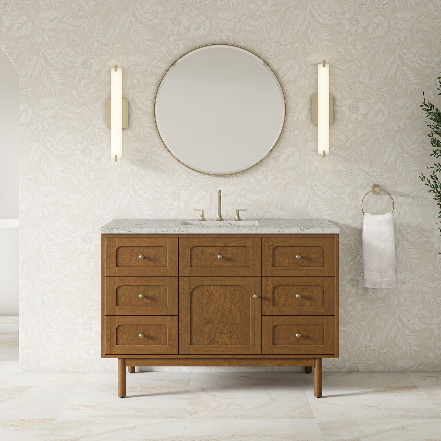 Renovate for Less Atlanta Laurent 48" Single Vanity, Honey Oak w/ 3 CM Eternal Jasmine Pearl Silestone Top w/FreePower Wireless Charger