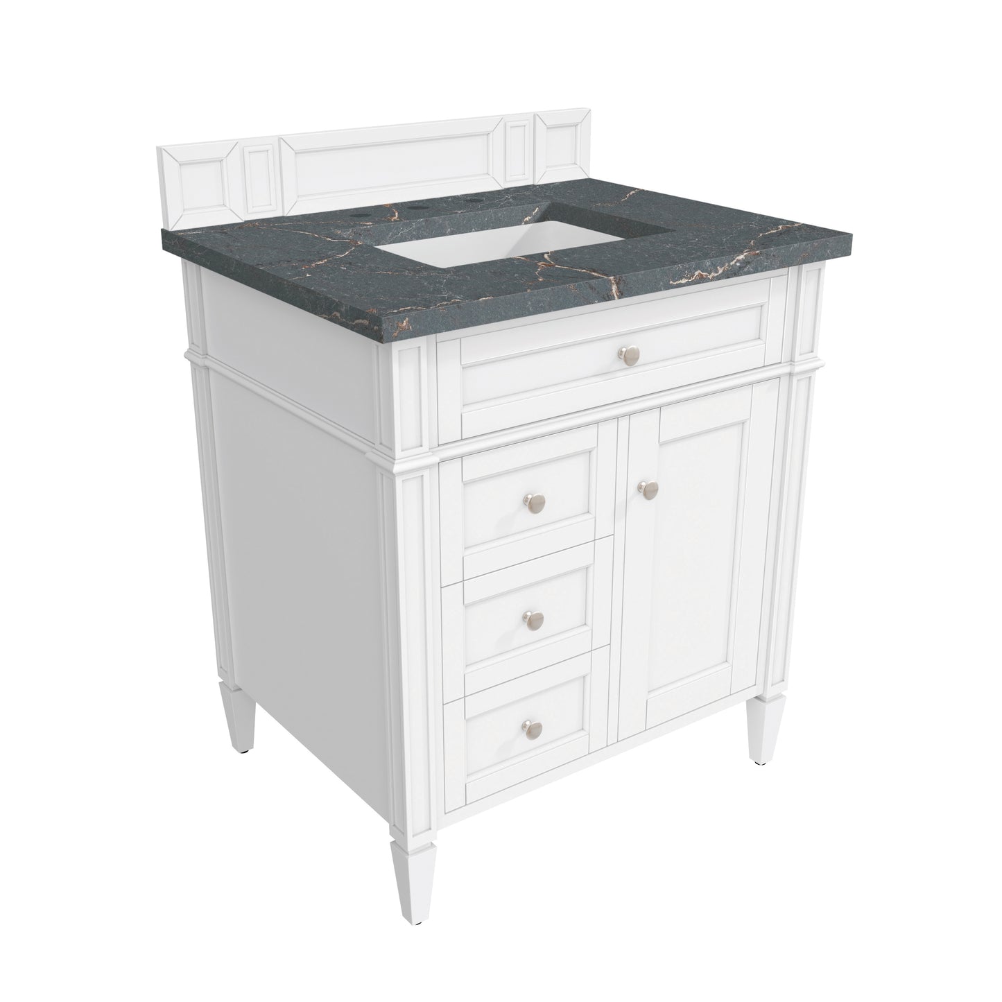 Renovate for Less Atlanta Brittany 30" Single Vanity, Bright White, w/ 3 CM Parisien Bleu Silestone Top