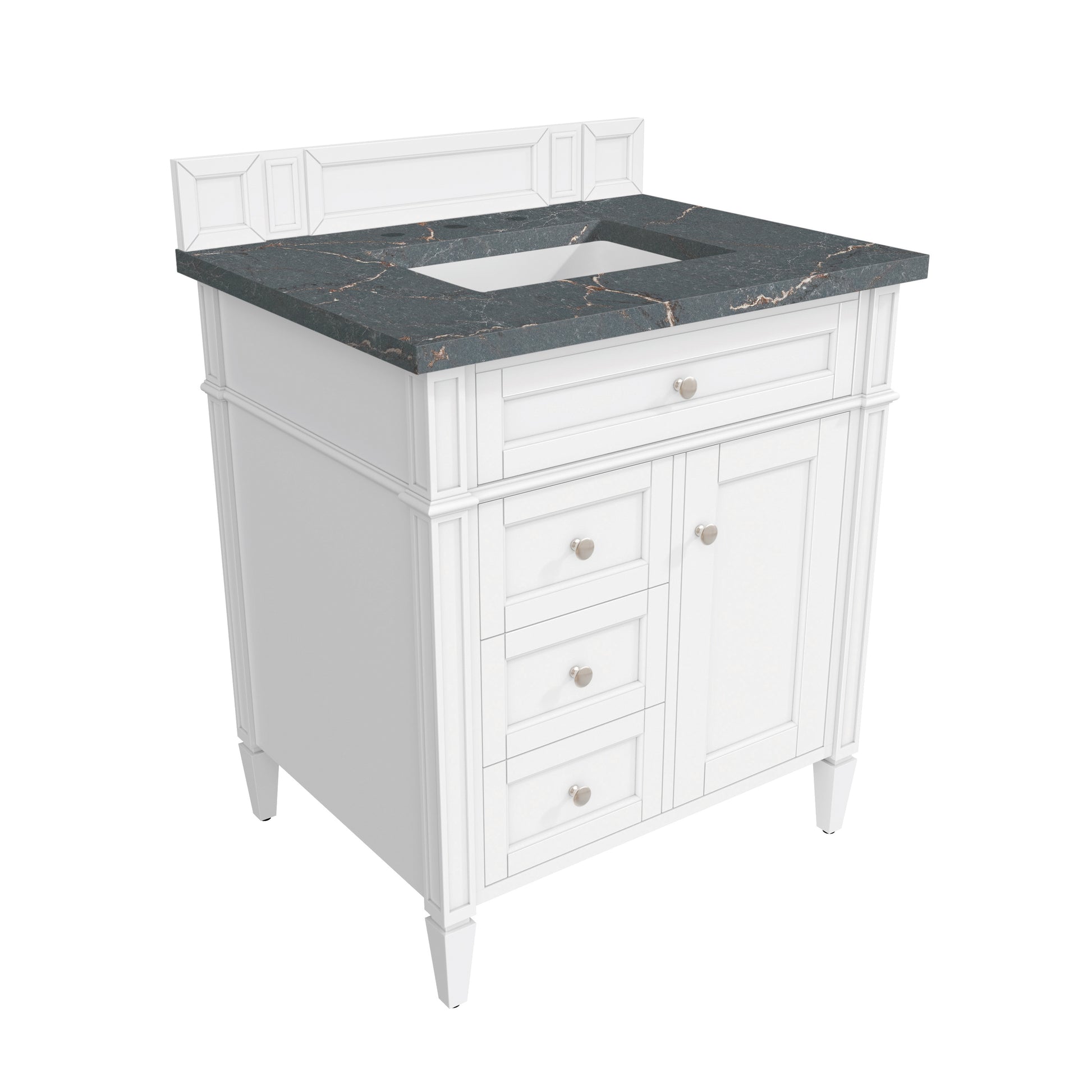 Renovate for Less Atlanta Brittany 30" Single Vanity, Bright White, w/ 3 CM Parisien Bleu Silestone Top