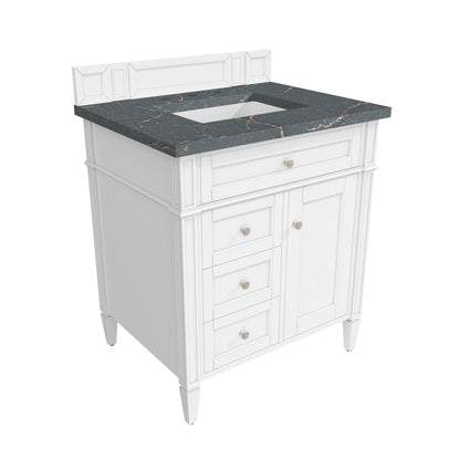 Renovate for Less Atlanta Brittany 30" Single Vanity, Bright White, w/ 3 CM Parisien Bleu Silestone Top