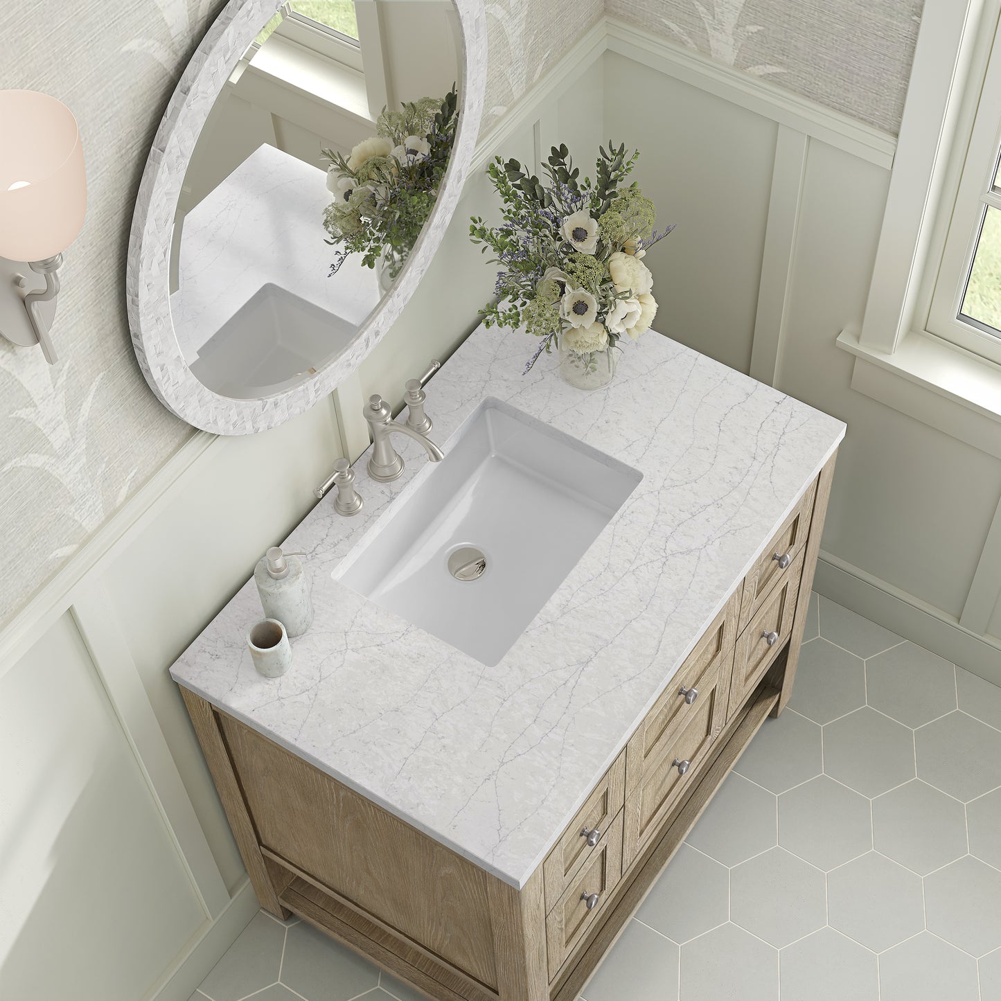 Renovate for Less Atlanta Breckenridge 36" Single Vanity, Whitewashed Oak w/ 3 CM White Zeus Silestone Top
