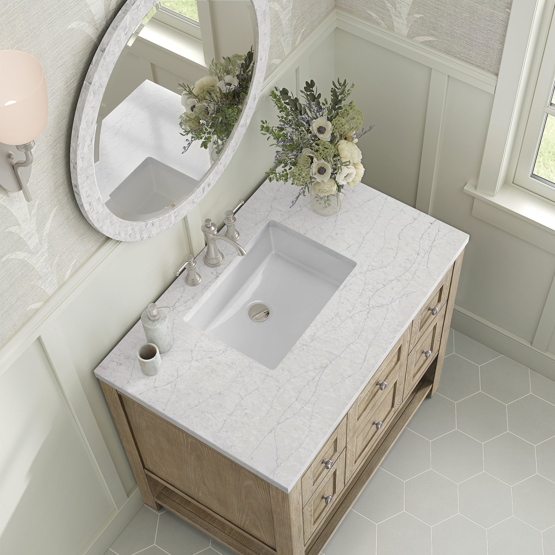 Renovate for Less Atlanta Breckenridge 36" Single Vanity, Whitewashed Oak w/ 3 CM White Zeus Silestone Top