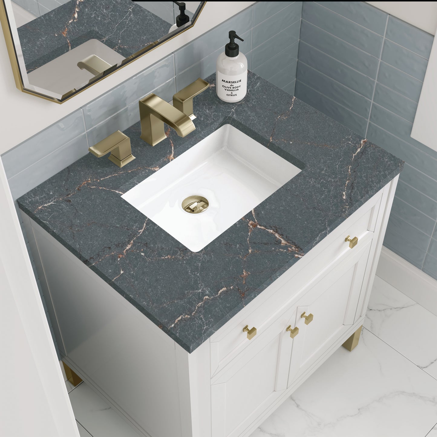 Renovate for Less Atlanta Chicago 30" Single Vanity, Glossy White, w/ 3 CM Parisien Bleu Silestone® Top