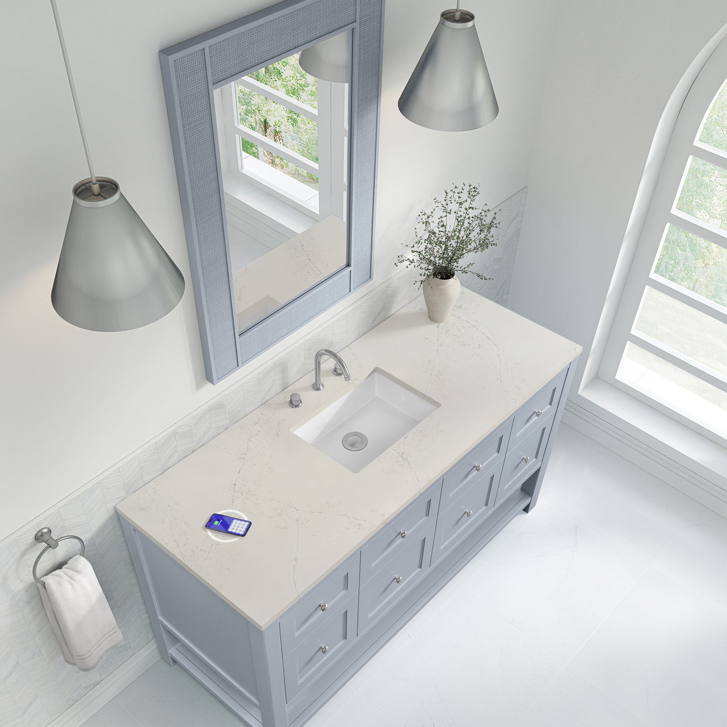 Renovate for Less Atlanta Breckenridge 60" Single Vanity, Serenity Blue, w/ 3 CM Siberian Silestone Top w/FreePower Wireless Charger