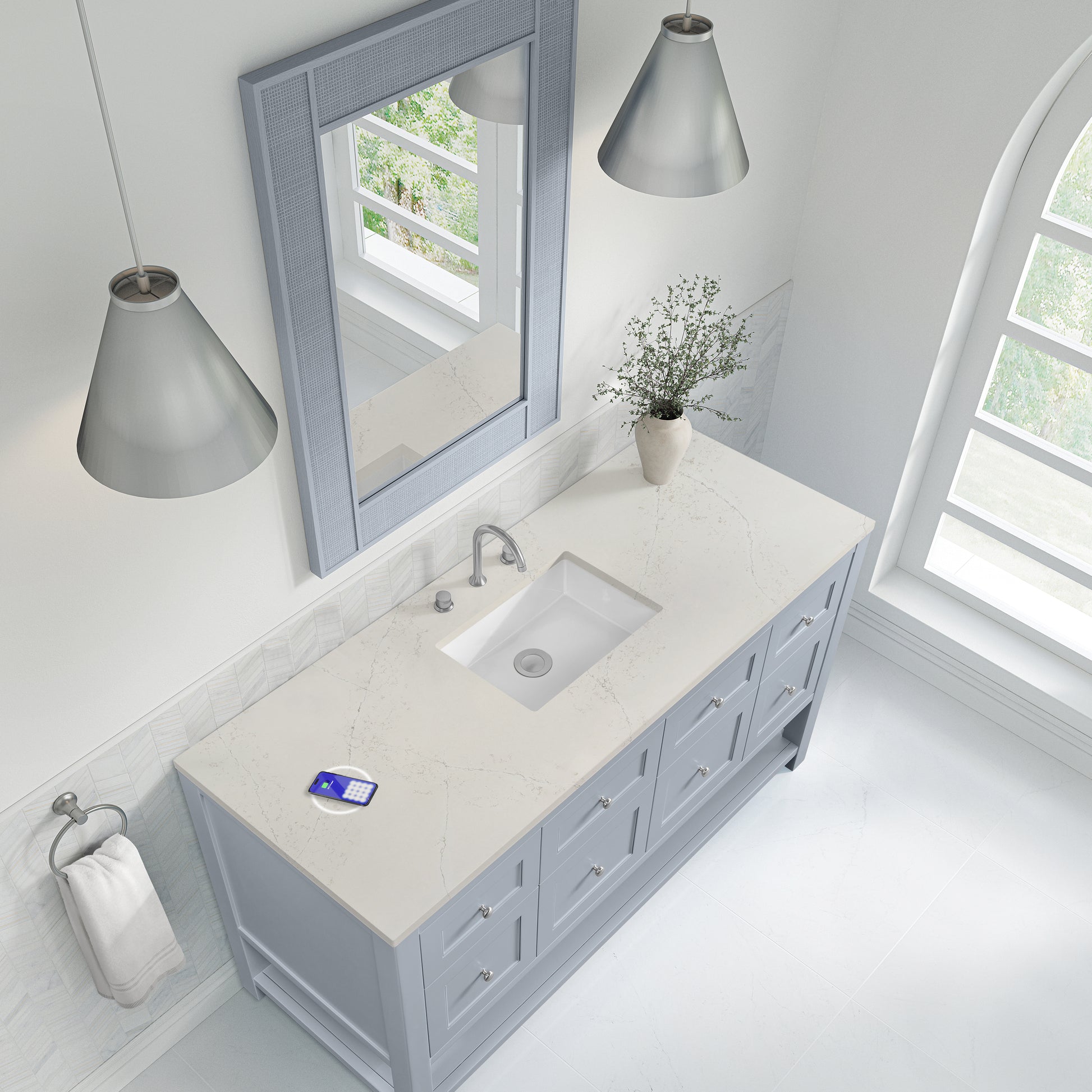 Renovate for Less Atlanta Breckenridge 60" Single Vanity, Serenity Blue, w/ 3 CM Siberian Silestone Top w/FreePower Wireless Charger