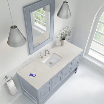 Renovate for Less Atlanta Breckenridge 60" Single Vanity, Serenity Blue, w/ 3 CM Siberian Silestone Top w/FreePower Wireless Charger