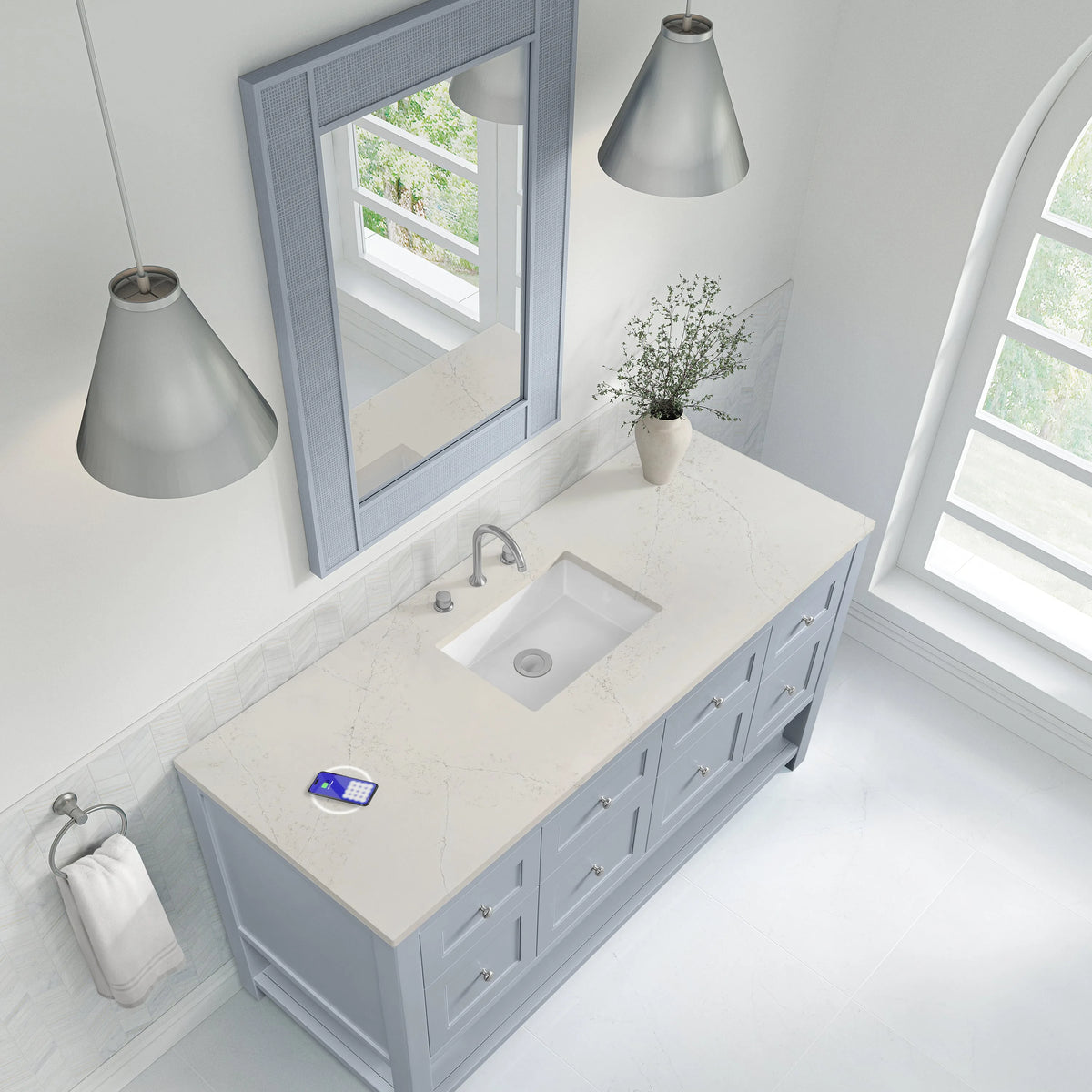 Breckenridge 60" Single Vanity, Serenity Blue, w/ 3 CM Siberian Silestone Top w/FreePower Wireless Charger