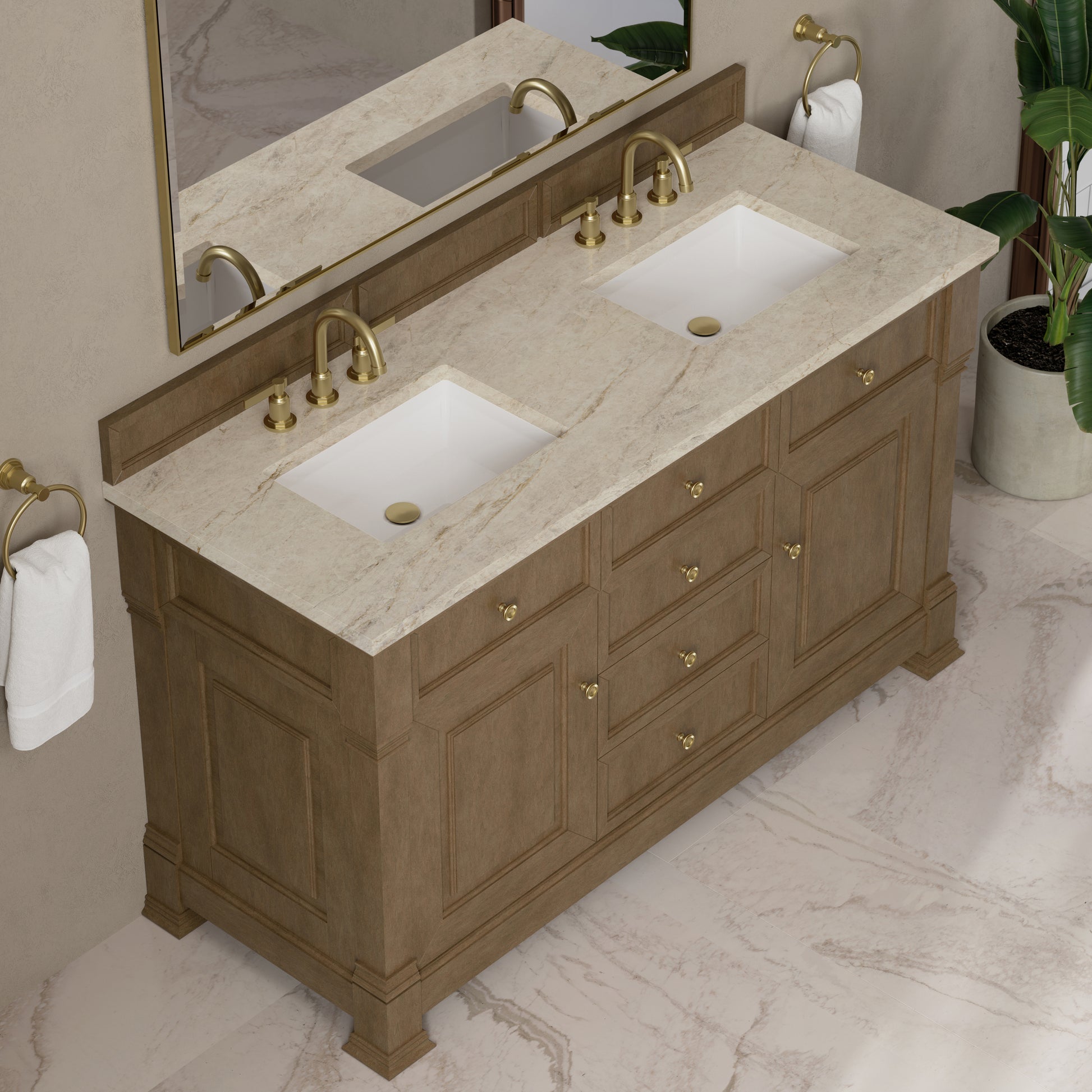 Renovate for Less Atlanta Brookfield 60" Double Vanity, Pecan, w/ 3 CM Tajnar Eclos Top