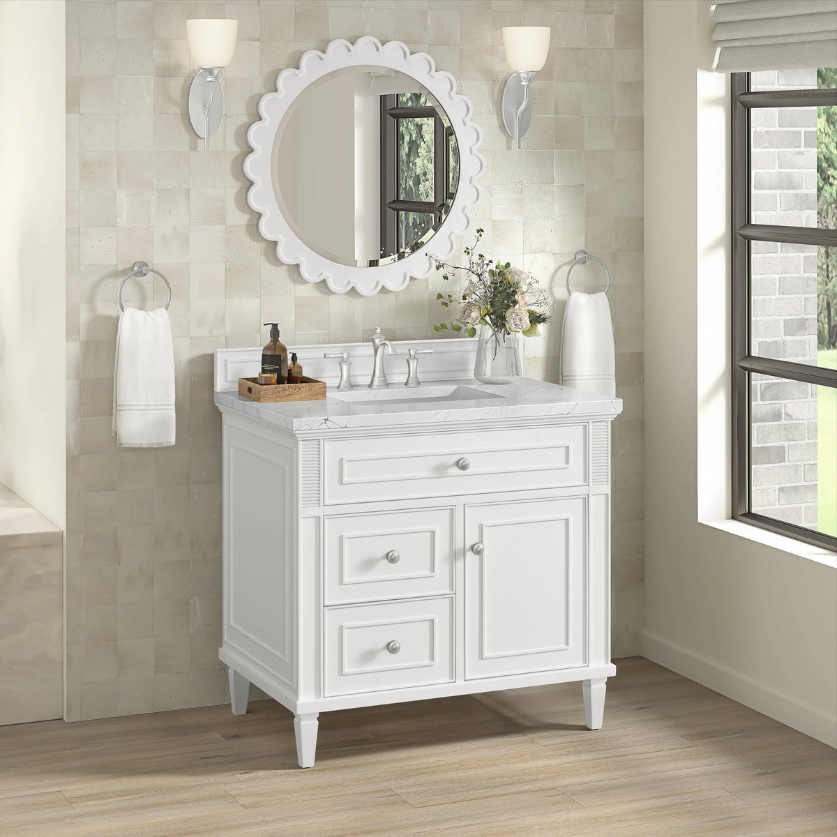Lorelai 36" Single Vanity, Bright White w/ 3 CM White Zeus Silestone Top