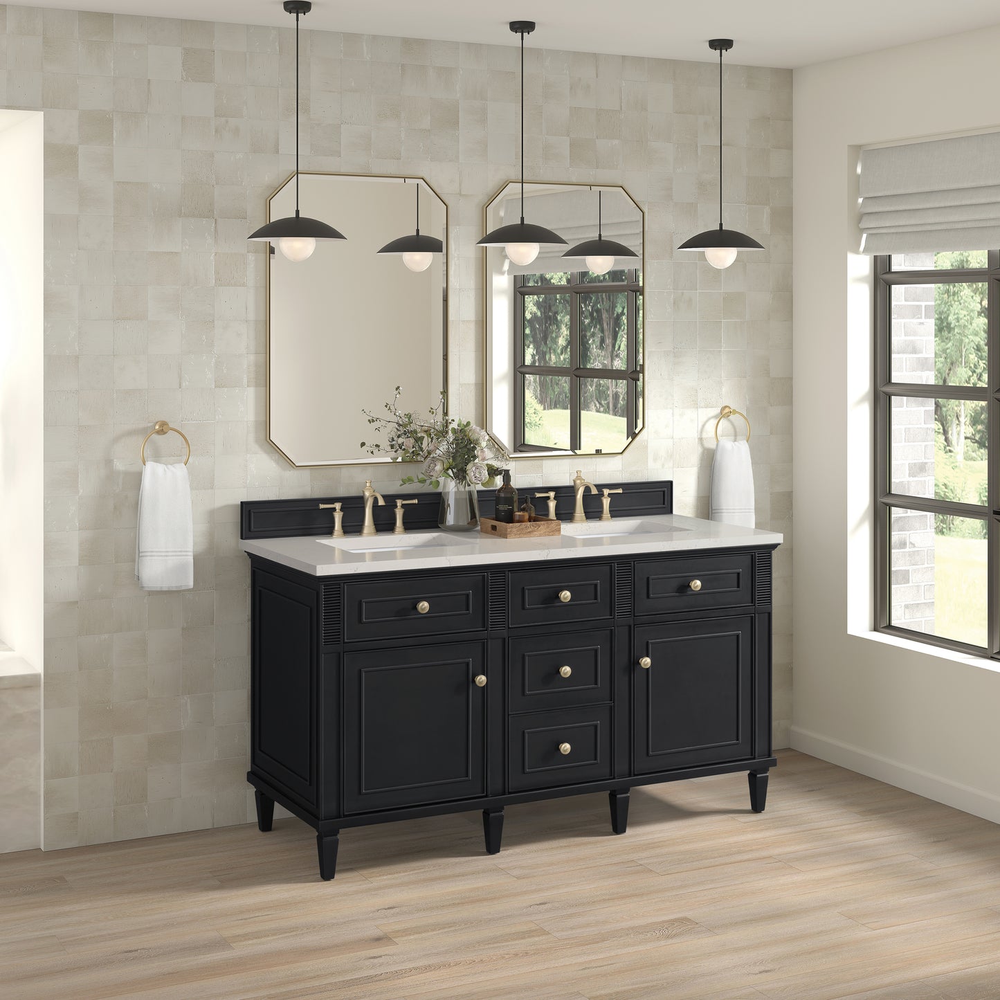 Renovate for Less Atlanta Lorelai 60" Double Vanity, Black Onyx, w/ 3 CM Siberian Silestone Top w/FreePower Wireless Charger