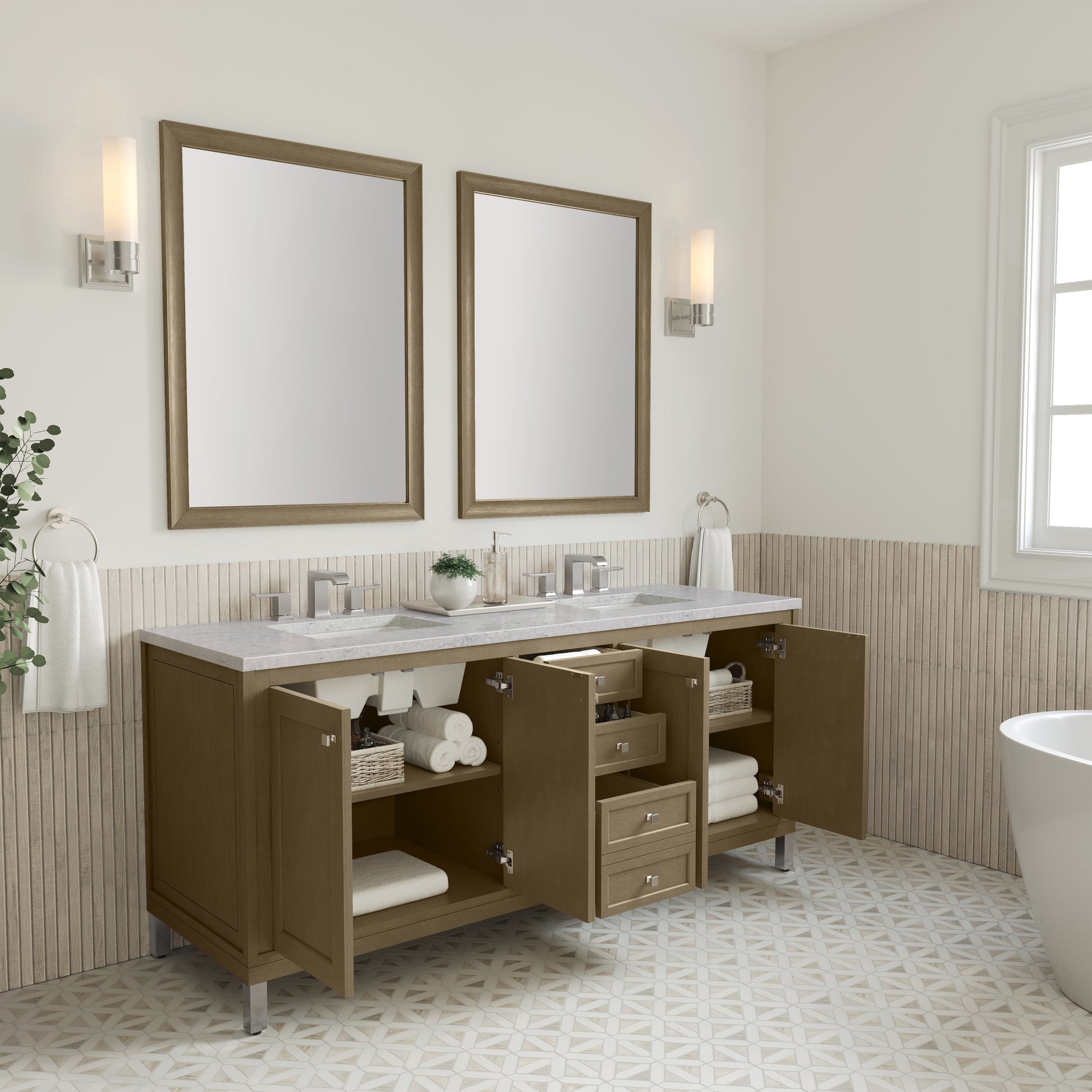 Renovate for Less Atlanta Chicago 72" Double Vanity, Walnut Whisper, w/ 3 CM Eternal Jasmine Pearl Silestone® Top