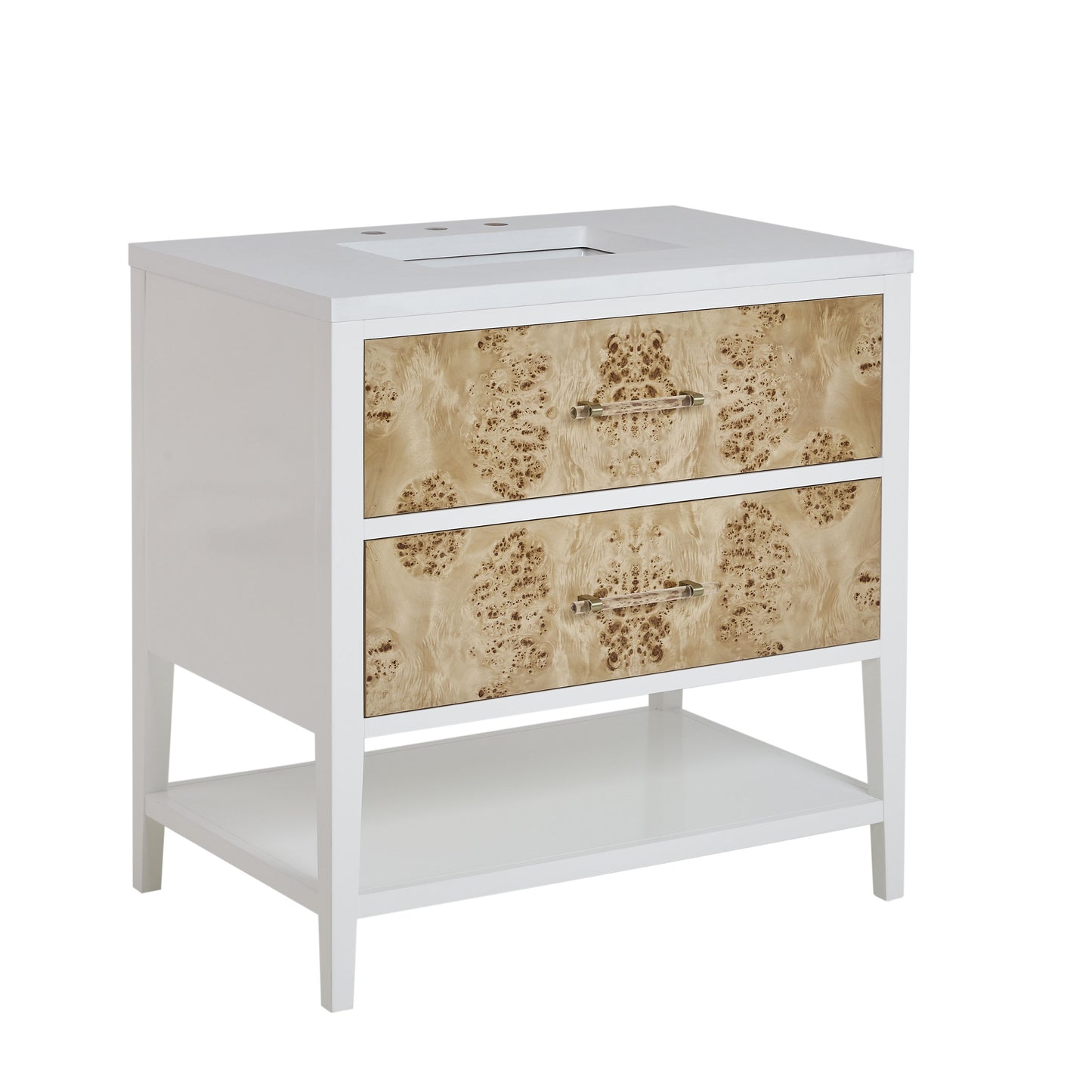 Renovate for Less Atlanta Olena 36" Single Vanity, Light Mappa Burl and Polished White w/ 3 CM White Zeus Silestone Top