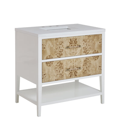 Renovate for Less Atlanta Olena 36" Single Vanity, Light Mappa Burl and Polished White w/ 3 CM White Zeus Silestone Top