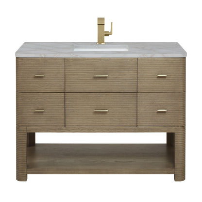 Renovate for Less Atlanta Lucian 48" Single Vanity, Pebble Oak w/ 3 CM Victorian Silver Silestone Top
