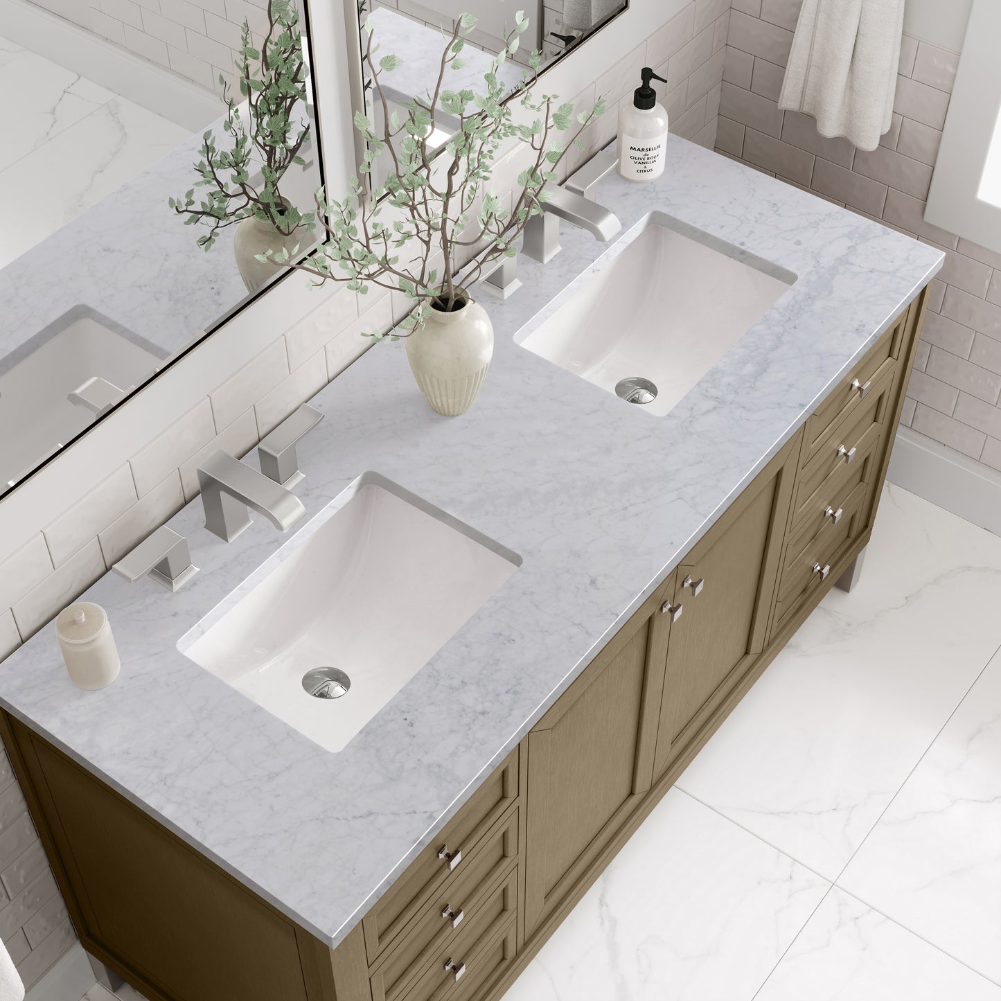 Renovate for Less Atlanta Chicago 60" Double Vanity, Walnut Whisper, w/ 3 CM Carrara Marble Top
