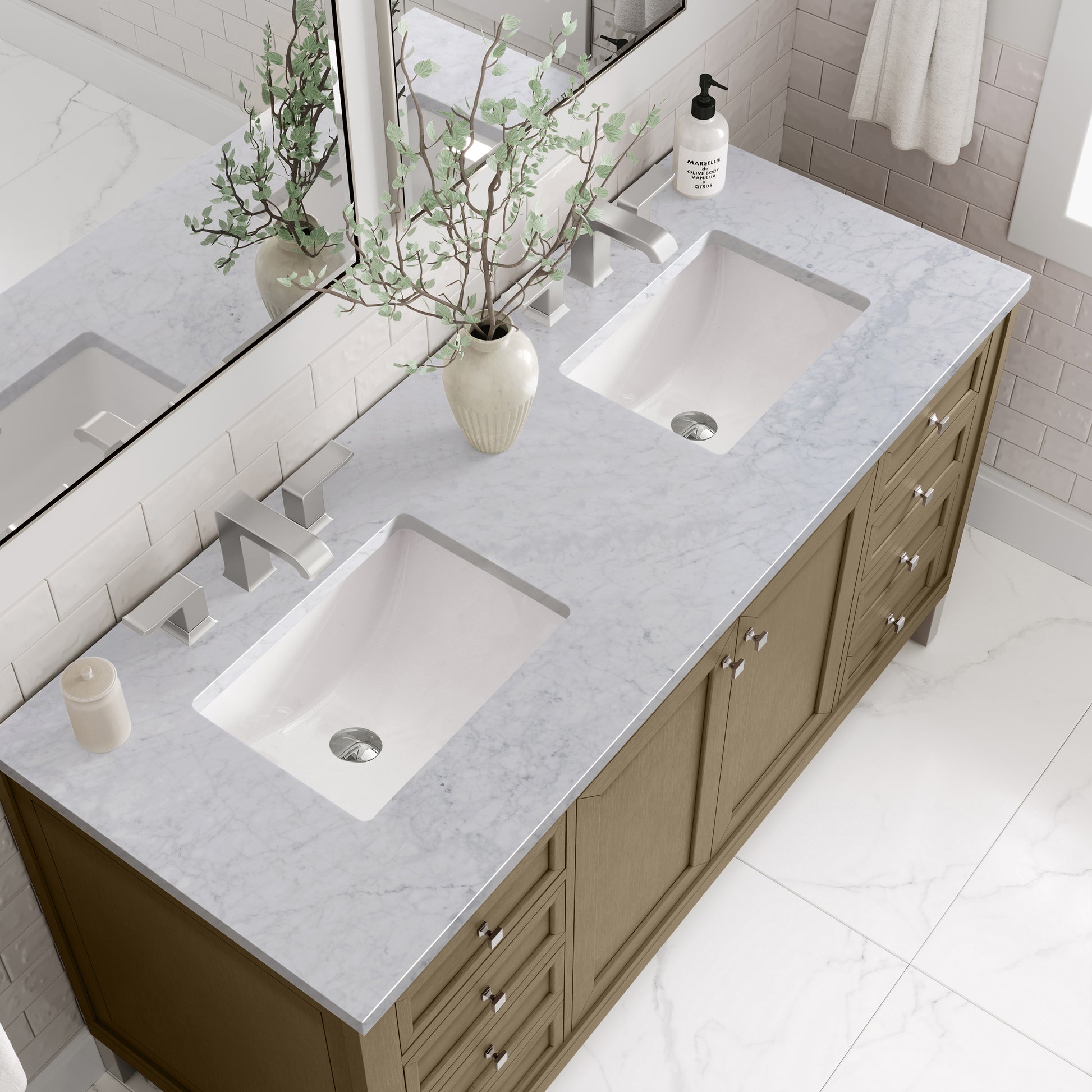 Renovate for Less Atlanta Chicago 60" Double Vanity, Walnut Whisper, w/ 3 CM Carrara Marble Top