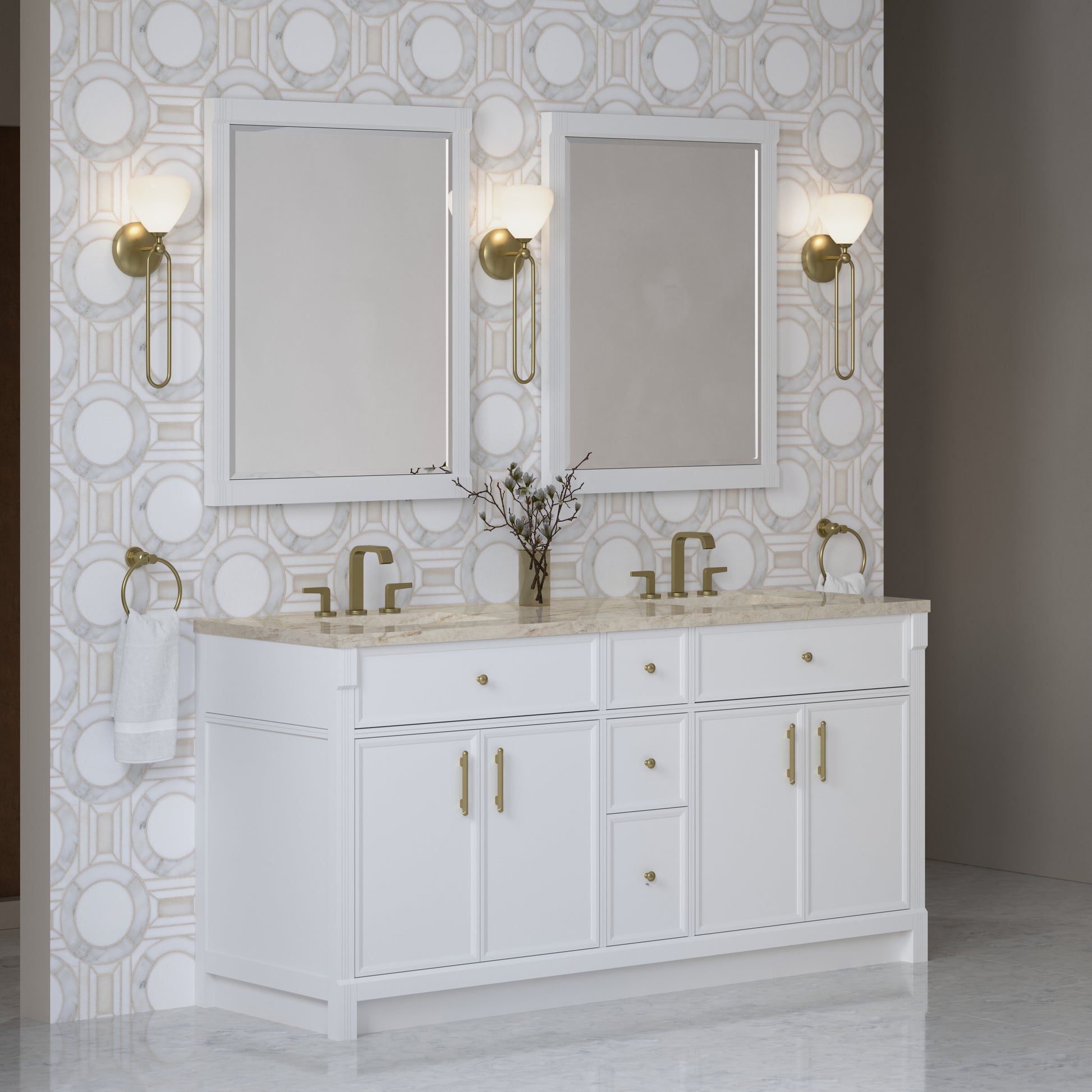 Renovate for Less Atlanta Bellshire 72" Double Vanity, Bright White w/ 3 CM Tajnar Eclos Top w/FreePower Wireless Charger