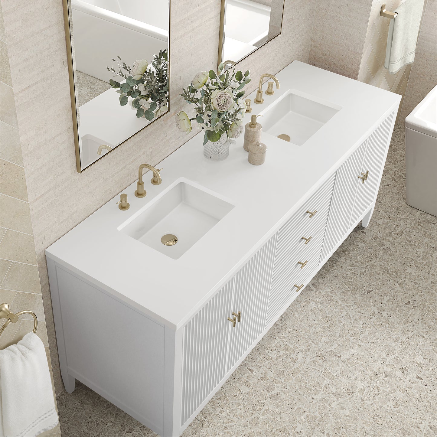 Renovate for Less Atlanta Myrrin 72" Double Vanity, Bright White w/ 3 CM White Zeus Silestone Top