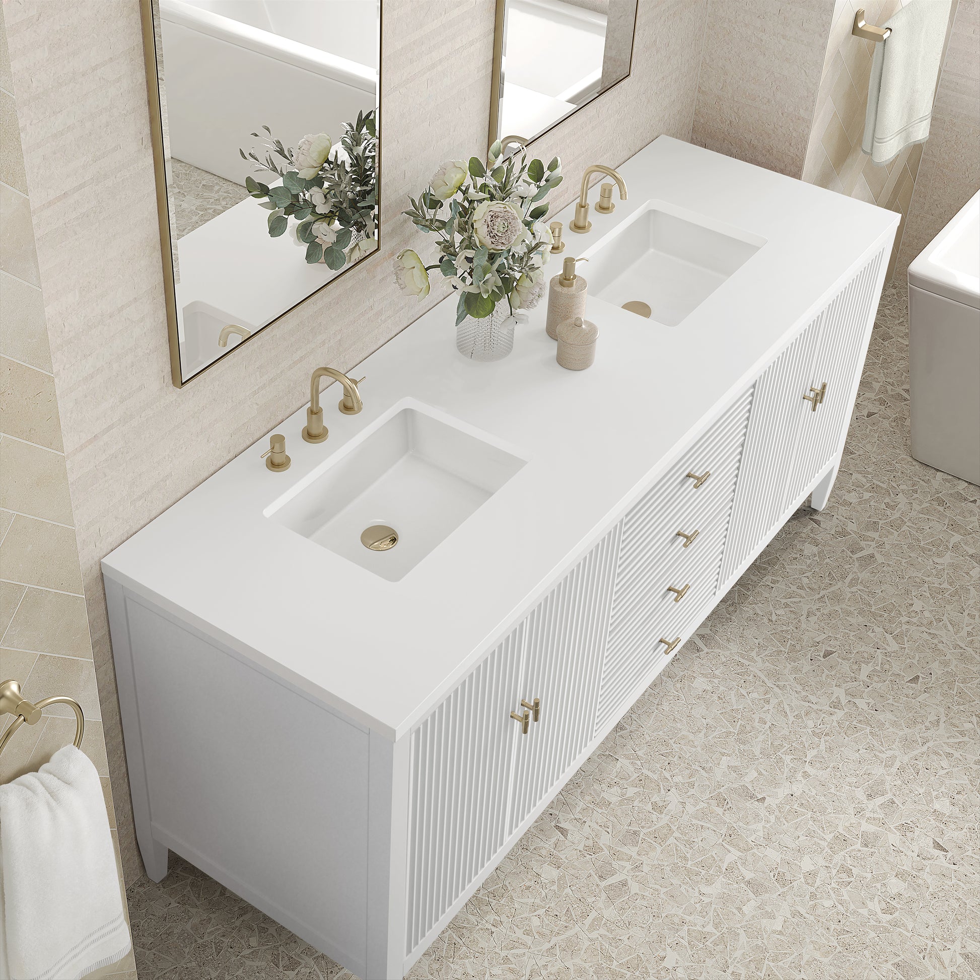 Renovate for Less Atlanta Myrrin 72" Double Vanity, Bright White w/ 3 CM White Zeus Silestone Top