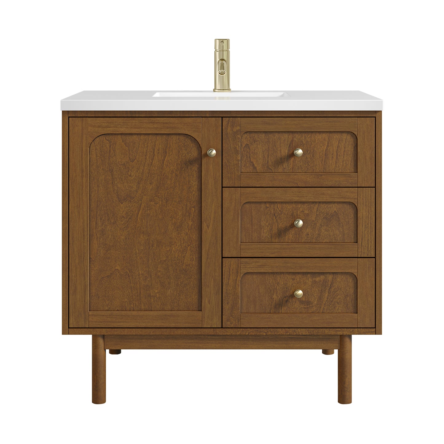 Renovate for Less Atlanta Laurent 36" Single Vanity, Honey Oak w/ Single Hole 3 CM White Zeus Silestone Top and Matching Backsplash