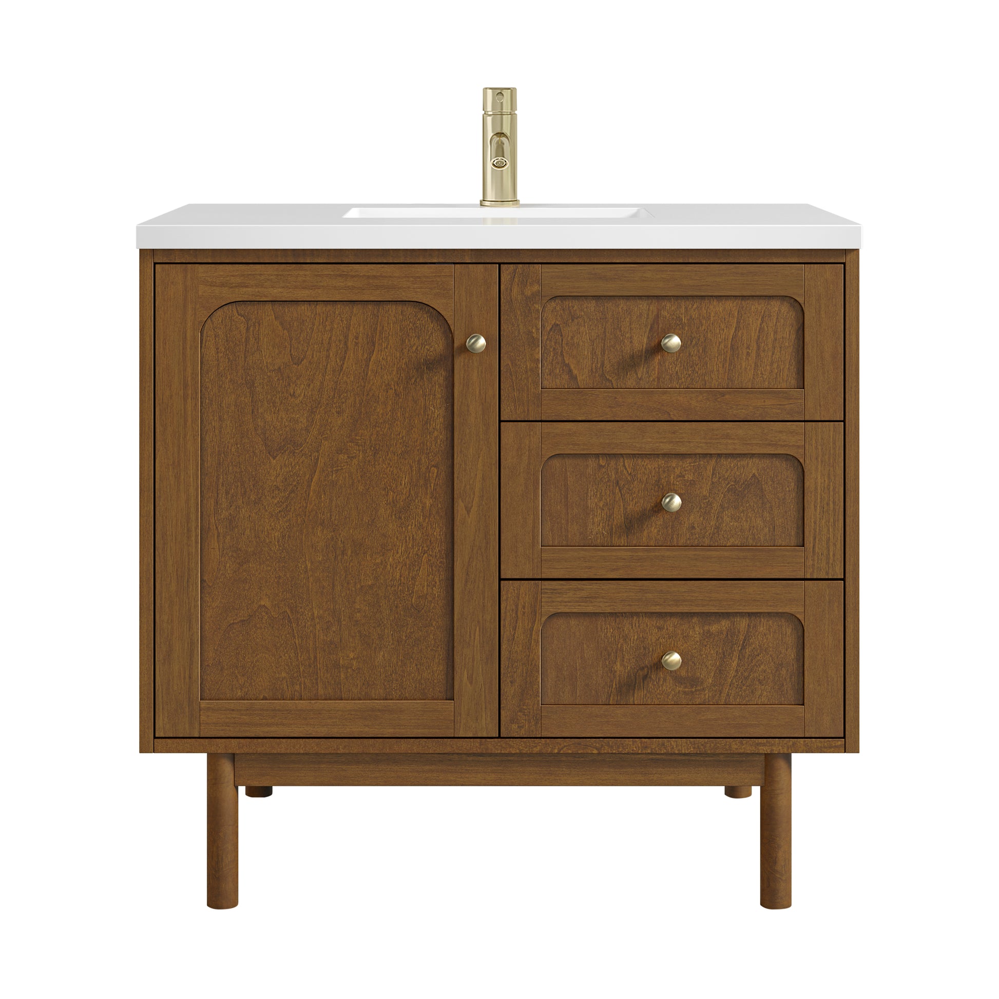 Renovate for Less Atlanta Laurent 36" Single Vanity, Honey Oak w/ Single Hole 3 CM White Zeus Silestone Top and Matching Backsplash
