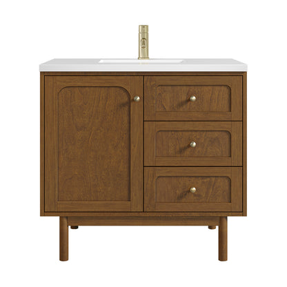 Renovate for Less Atlanta Laurent 36" Single Vanity, Honey Oak w/ Single Hole 3 CM White Zeus Silestone Top and Matching Backsplash