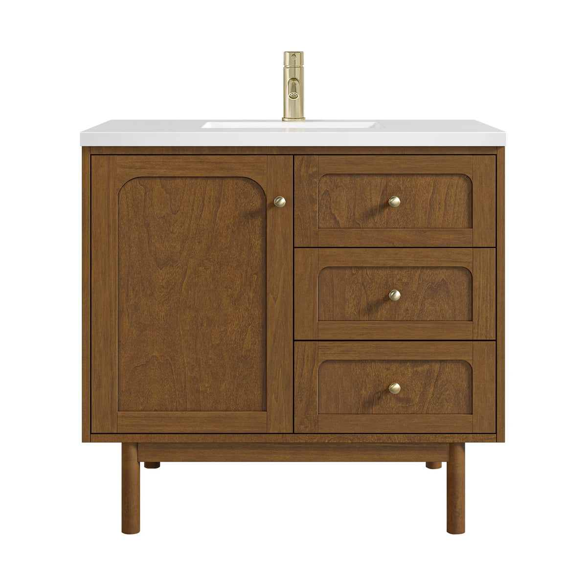 Laurent 36" Single Vanity, Honey Oak w/ Single Hole 3 CM White Zeus Silestone Top and Matching Backsplash