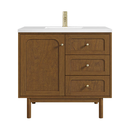 Laurent 36" Single Vanity, Honey Oak w/ Single Hole 3 CM White Zeus Silestone Top and Matching Backsplash