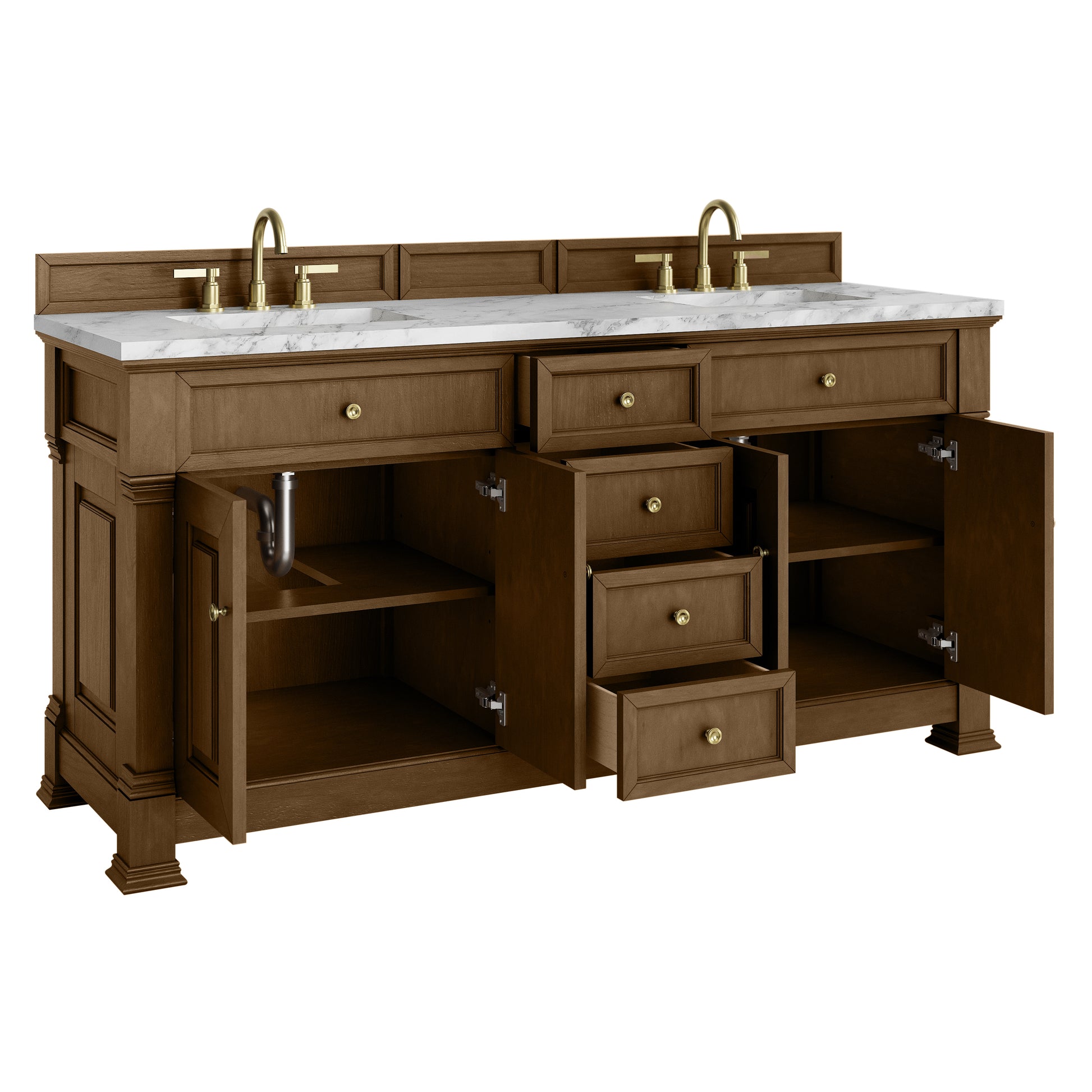 Renovate for Less Atlanta Brookfield 72" Double Vanity, Honey Oak w/3 CM Carrara White Marble Top