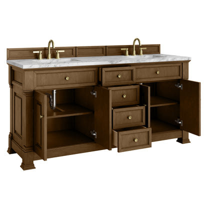 Renovate for Less Atlanta Brookfield 72" Double Vanity, Honey Oak w/3 CM Carrara White Marble Top
