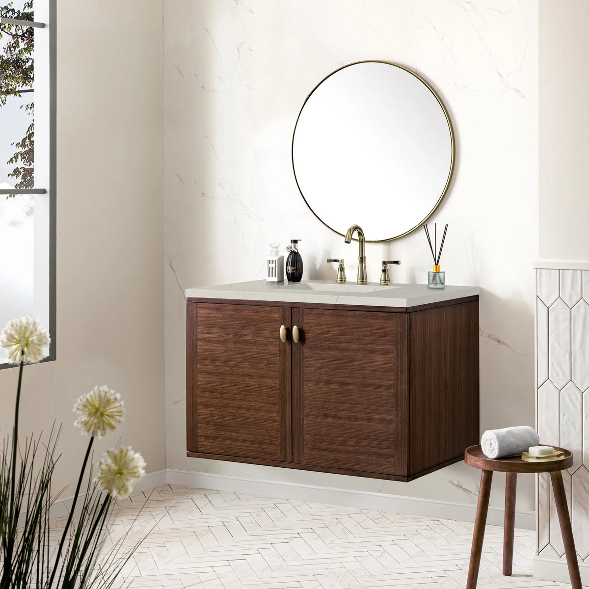 Amberly 36" Single Vanity, Mid-Century Walnut, w/ 3 CM Siberian Silestone Top