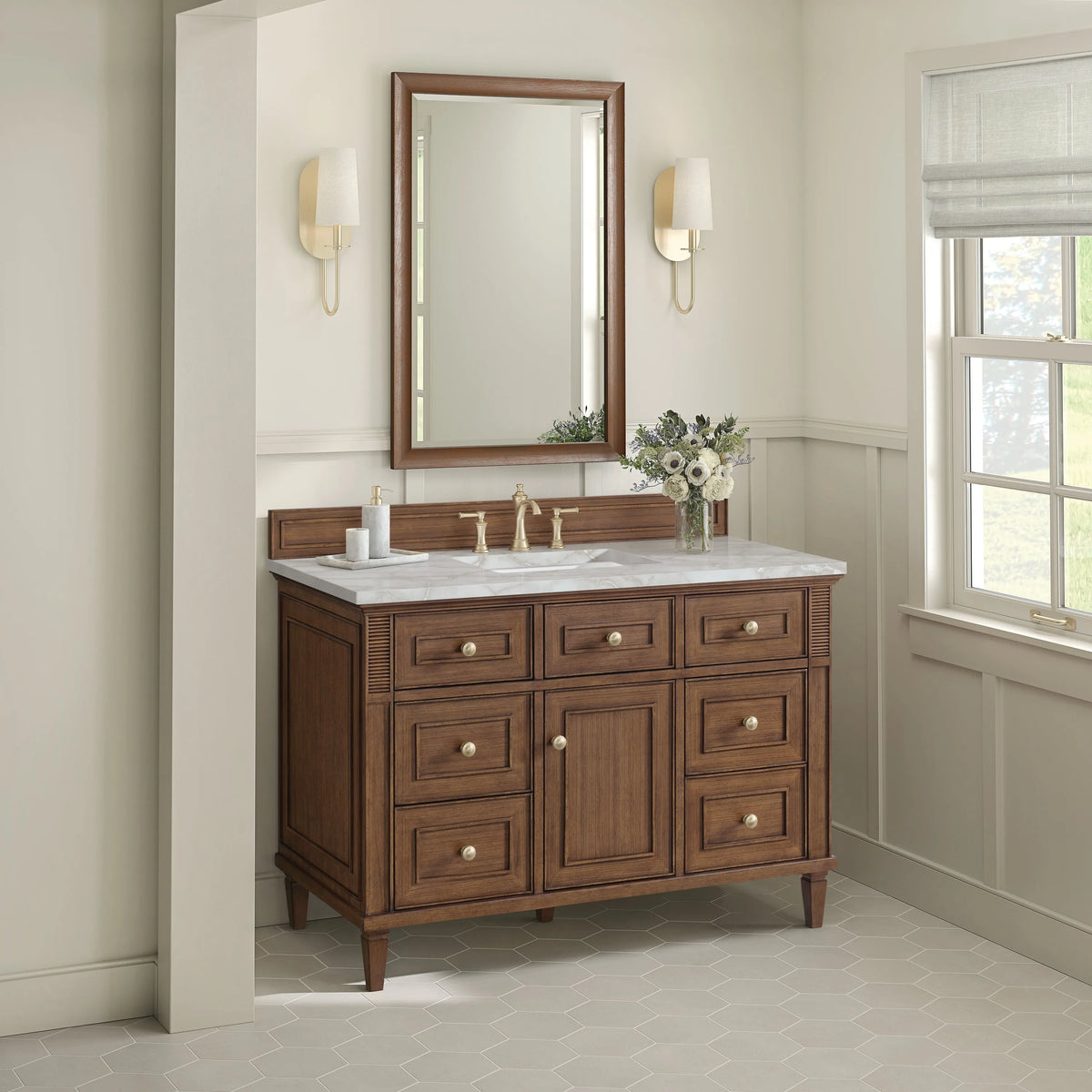Lorelai 48" Single Vanity, Mid-Century Walnut w/ 3 CM Victorian Silver Silestone Top