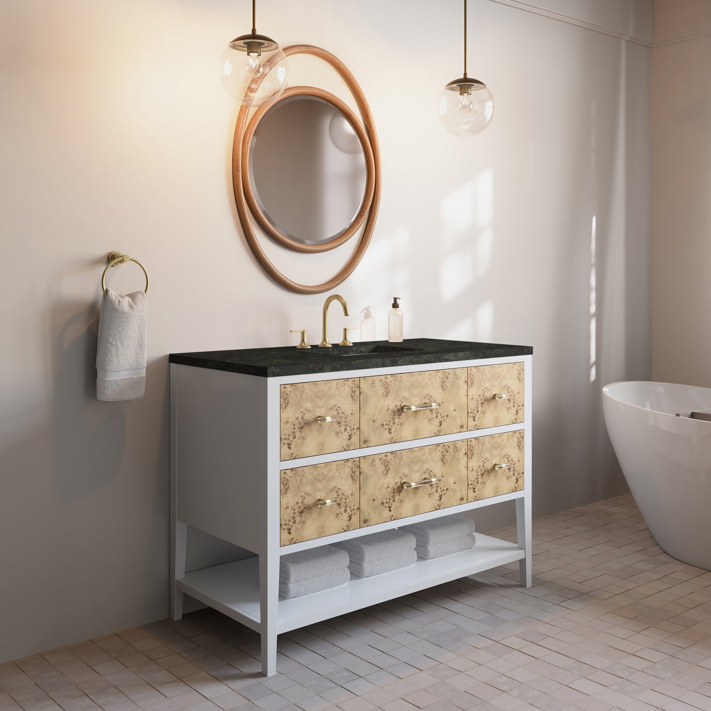 Renovate for Less Atlanta Olena 48" Single Vanity, Light Mappa Burl and Polished White, w/ 3 CM Phantome Eclos Top