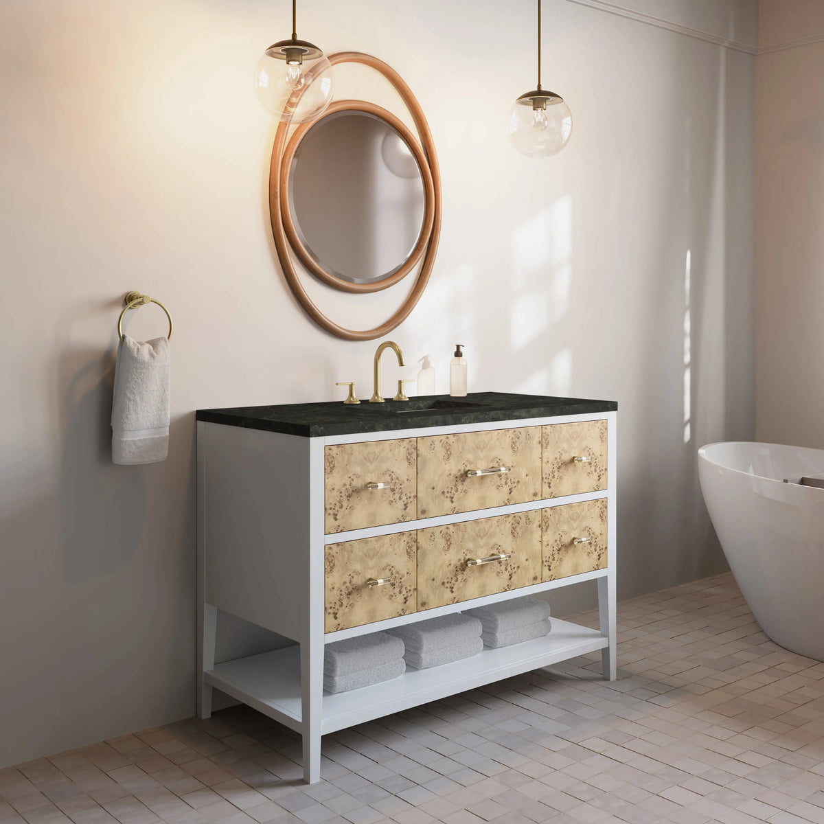 Olena 48" Single Vanity, Light Mappa Burl and Polished White, w/ 3 CM Phantome Eclos Top