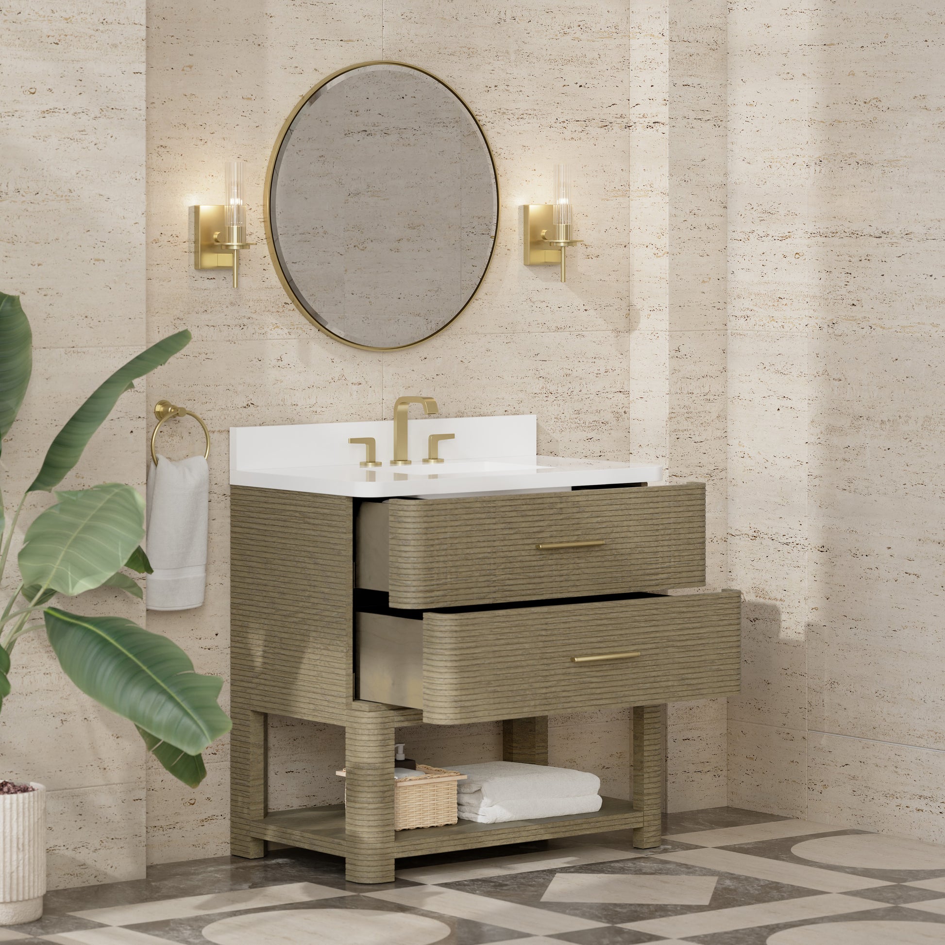 Renovate for Less Atlanta Lucian 36" Single Vanity, Pebble Oak w/ 3 CM White Zeus Silestone Widespread Top