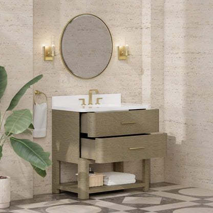 Renovate for Less Atlanta Lucian 36" Single Vanity, Pebble Oak w/ 3 CM White Zeus Silestone Widespread Top