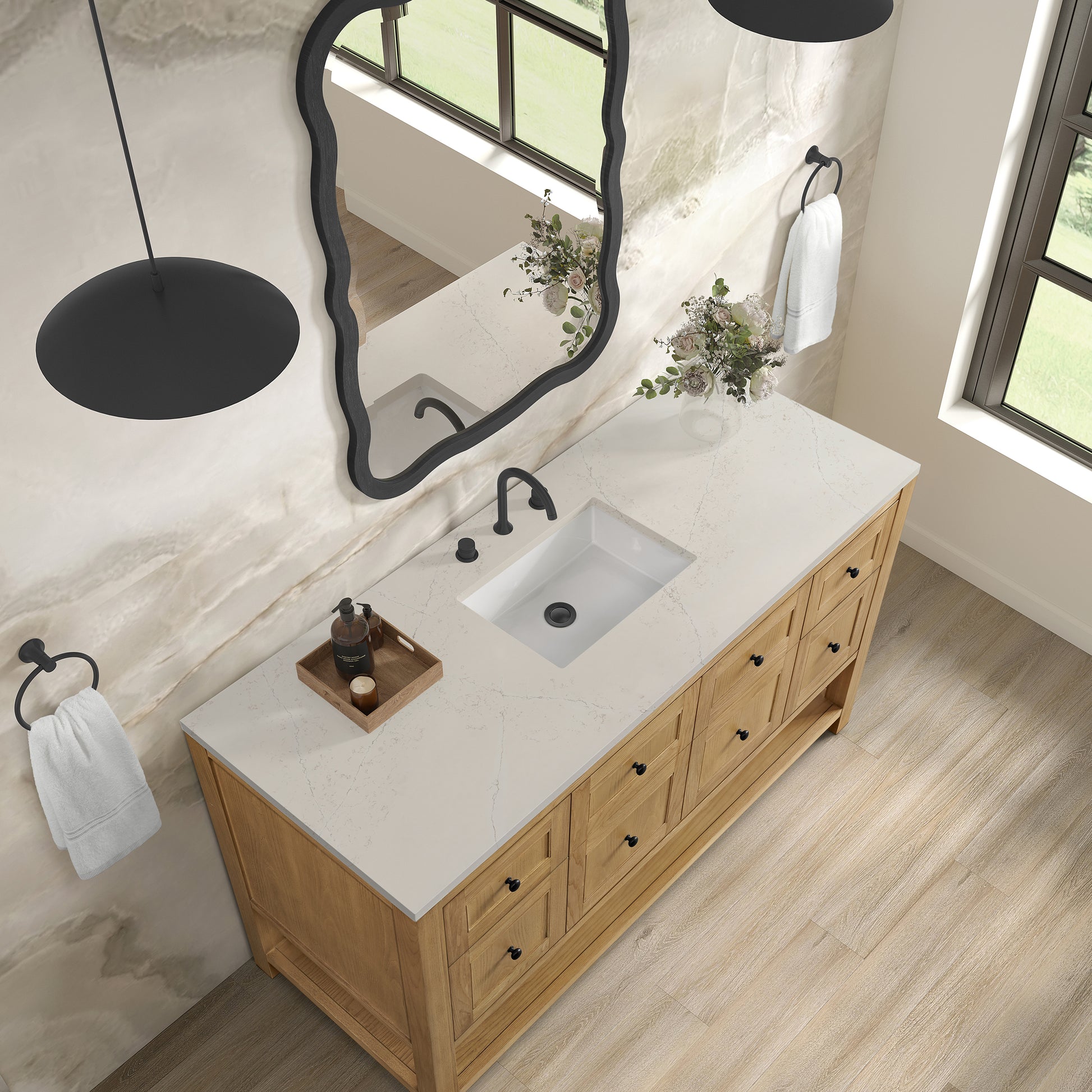 Renovate for Less Atlanta Breckenridge 60" Single Vanity, Light Natural Oak, w/ 3 CM Siberian Silestone Top