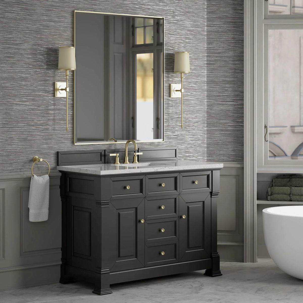 Brookfield 48" Single Vanity, Black Onyx w/ 3 CM Eternal Jasmine Pearl Silestone Top