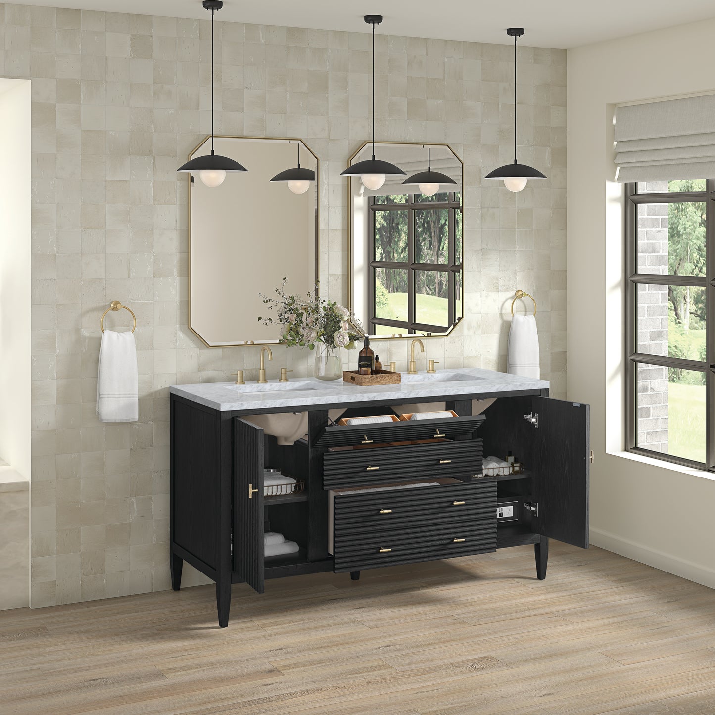 Renovate for Less Atlanta Myrrin 60" Double Vanity, Carbon Oak w/ 3 CM Carrara White Marble Top