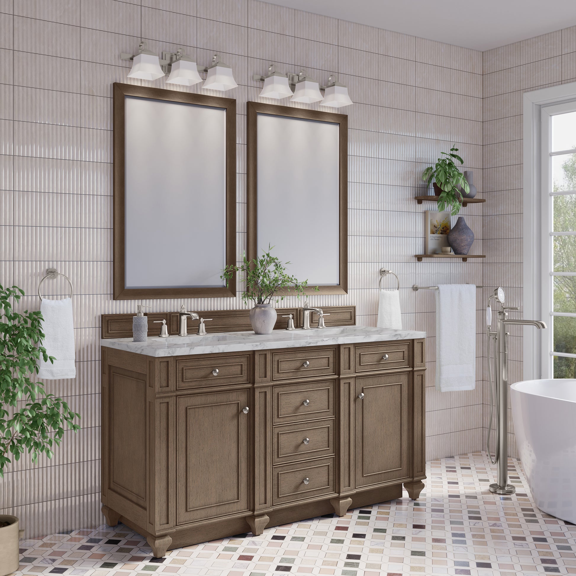 Renovate for Less Atlanta Bristol 60" Double Vanity, Whitewashed Walnut w/ 3 CM Carrara Marble Top
