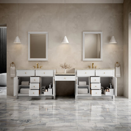 Bellshire 120" Dual Vanity Set with 24" Make-Up Counter, Bright White w/3 cm Tajnar Eclos Top w/FreePower Wireless Charger