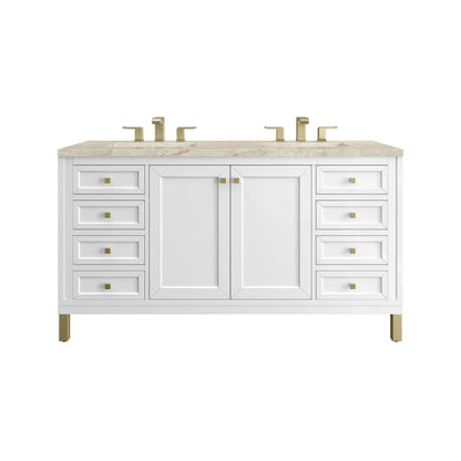 Chicago 60" Double Vanity, Glossy White, w/ 3 CM Tajnar Eclos Top w/FreePower Wireless Charger