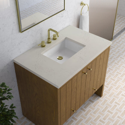 Renovate for Less Atlanta Hudson 36" Single Vanity, Honey Oak w/ 3 CM Siberian Silestone Top