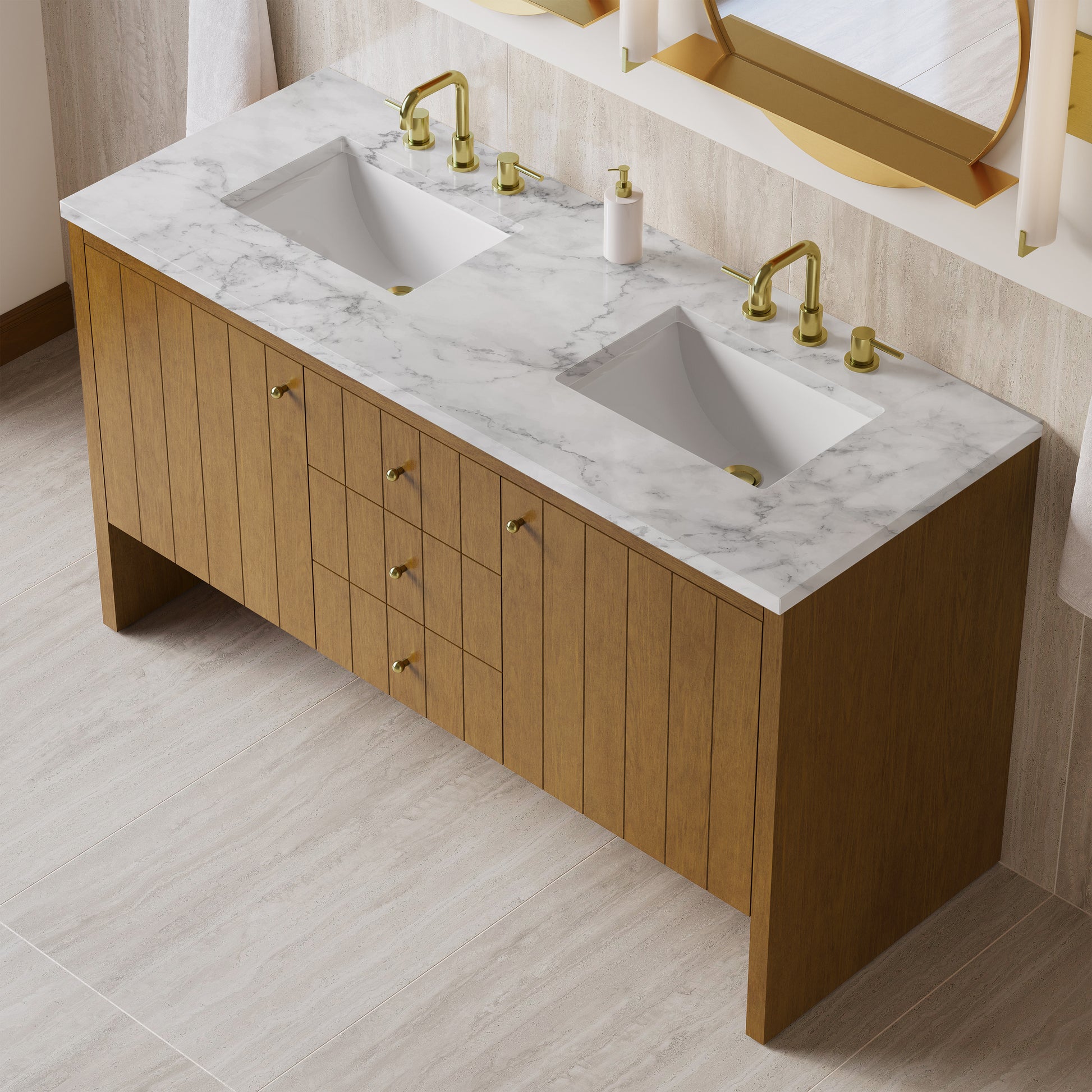 Renovate for Less Atlanta Hudson 60" Double Vanity, Honey Oak w/ 3 CM Carrara Marble Top