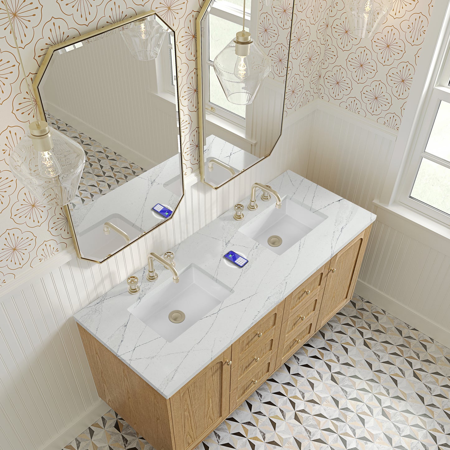 Renovate for Less Atlanta Laurent 60" Double Vanity, Light Natural Oak, w/ 3 CM Ethereal Noctis Quartz Top w/FreePower Wireless Charger
