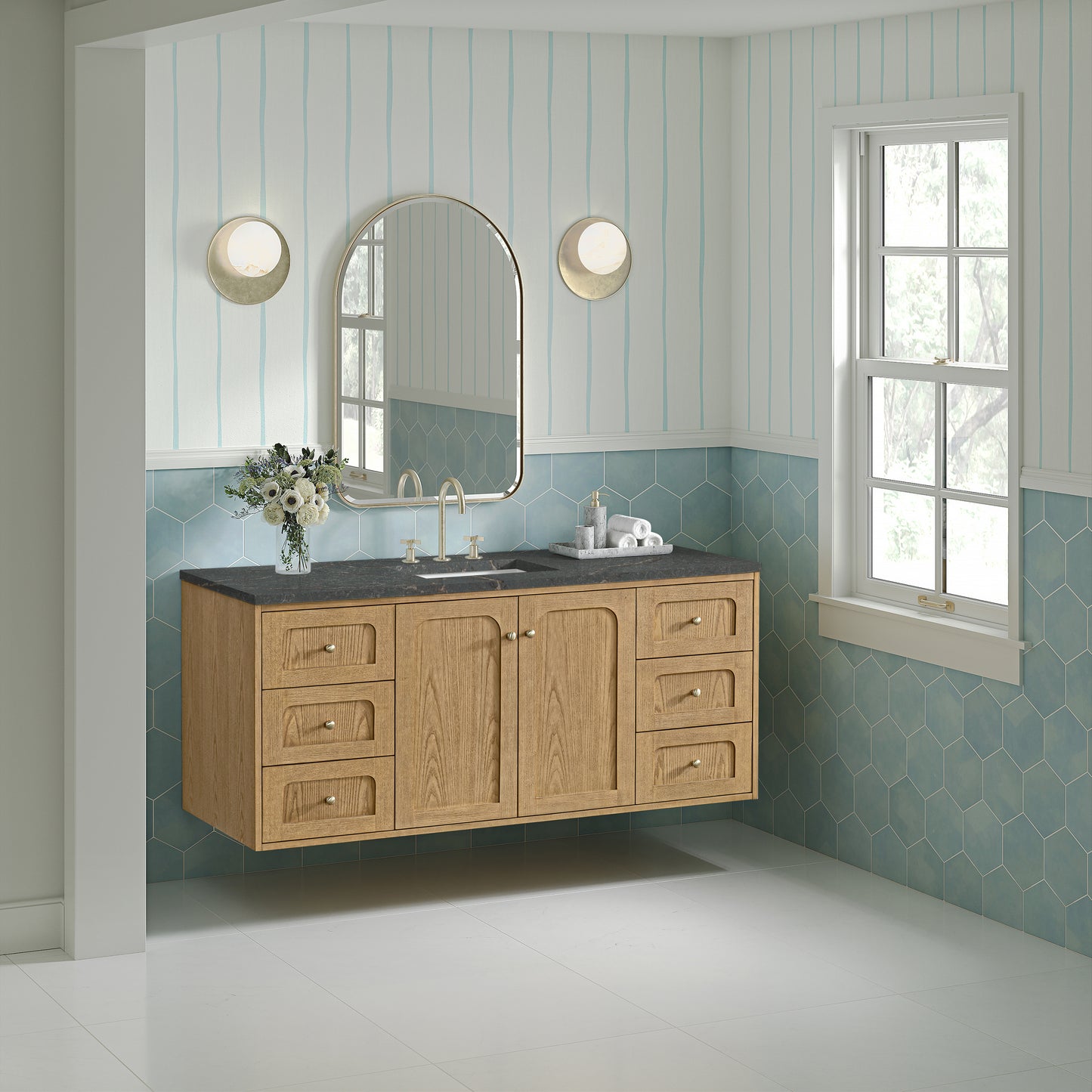 Renovate for Less Atlanta Laurent 60" Single Vanity, Light Natural Oak, w/ 3 CM Parisien Bleu Quartz Top