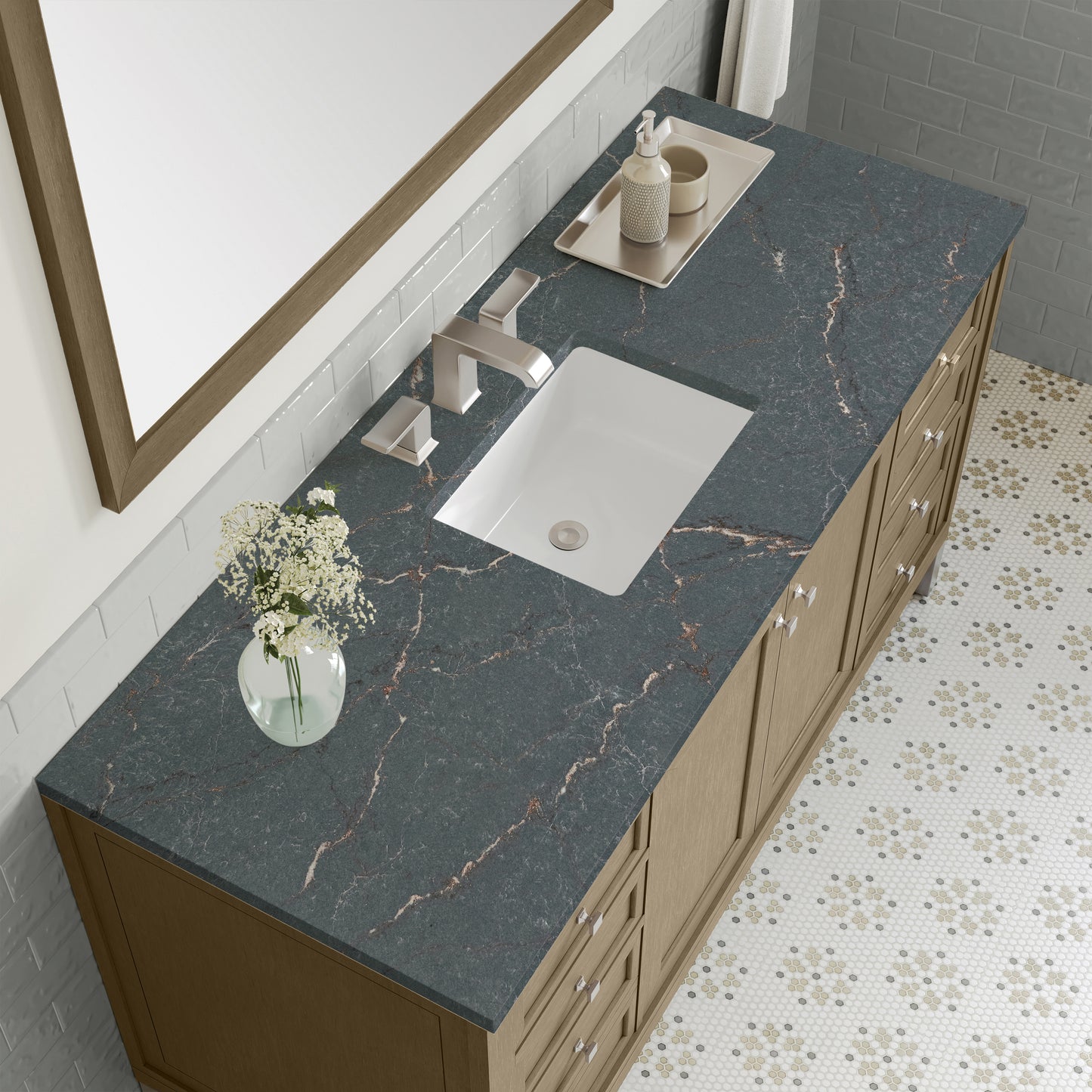 Renovate for Less Atlanta Chicago 60" Single Vanity, Walnut Whisper, w/ 3 CM Parisien Bleu Silestone® Top
