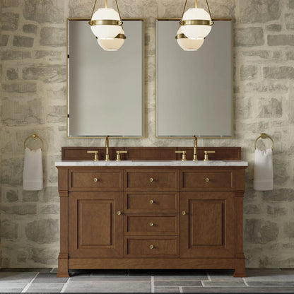Brookfield 60" Double Vanity, Honey Oak w/3 CM Carrara White Marble Top