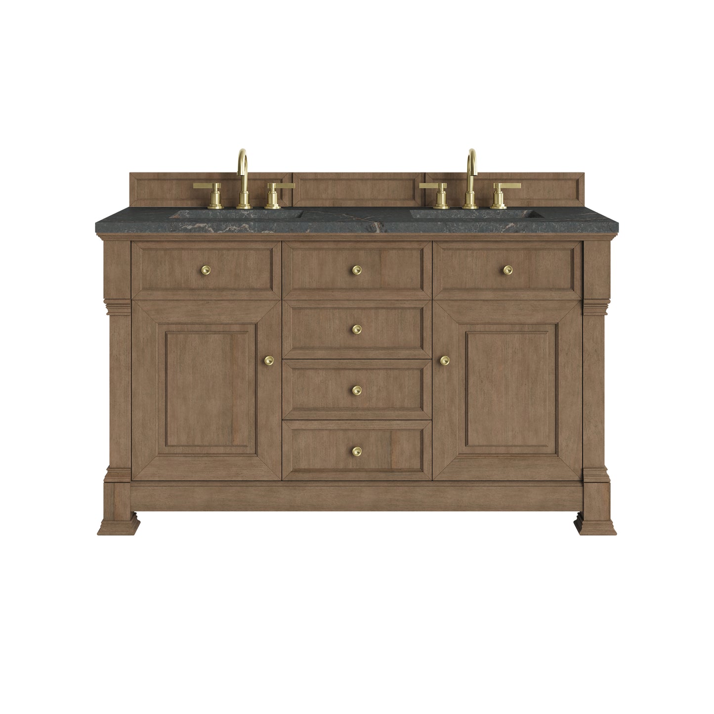 Renovate for Less Atlanta Brookfield 60" Double Vanity, Pecan w/ 3 CM Parisien Bleu Silestone Top w/FreePower Wireless Charger