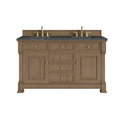Renovate for Less Atlanta Brookfield 60" Double Vanity, Pecan w/ 3 CM Parisien Bleu Silestone Top w/FreePower Wireless Charger